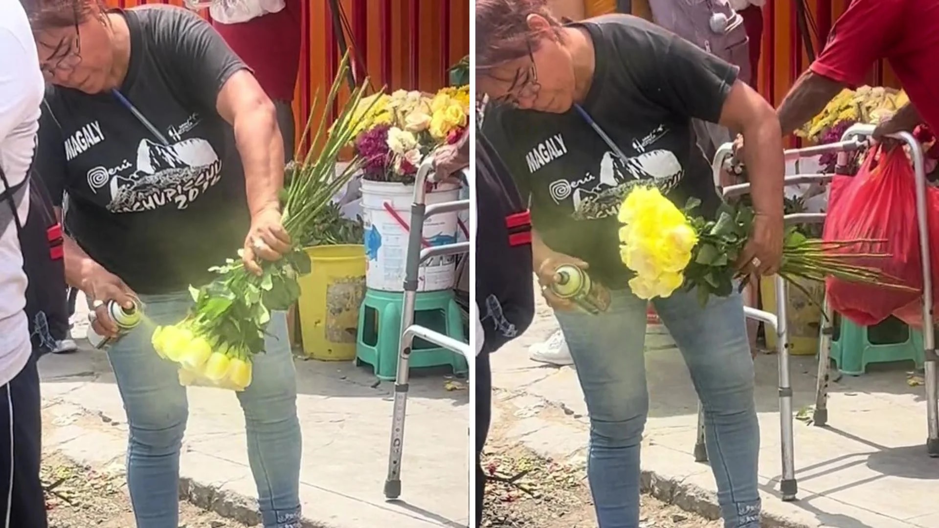 La mujer fue grabada el Día de la Primavera mientras transformaba las flores que le quedaron en amarillas (Captura video)