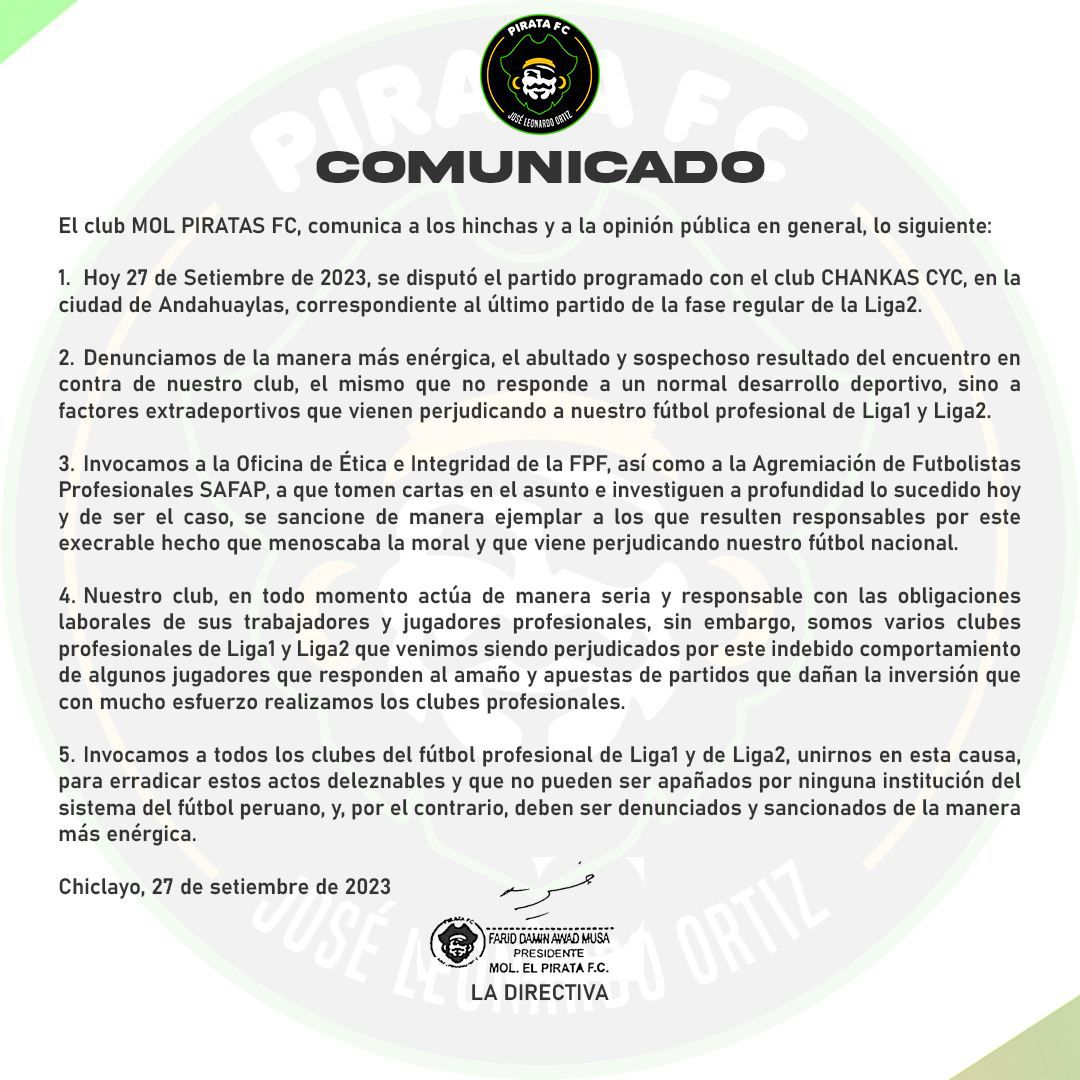 Comunicado de Pirata FC acusando amaño de partidos en la derrota 11-0 con Los Chankas.