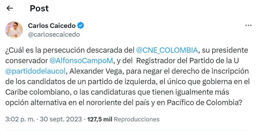 Publicación del gobernador de Magdalena sobre revocatoria de candidata a la Alcaldía de Santa Marta - crédito red social X