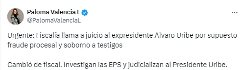 Para Paloma Valencia, la decisión se debe al cambio de Fiscalía - crédito captura de pantalla