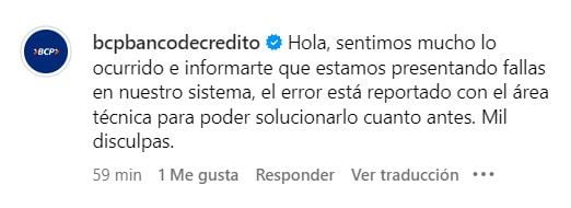 Así respondió el BCP en redes sociales por la caída de sus sistema. - Crédito Captura de Instagram/BCP